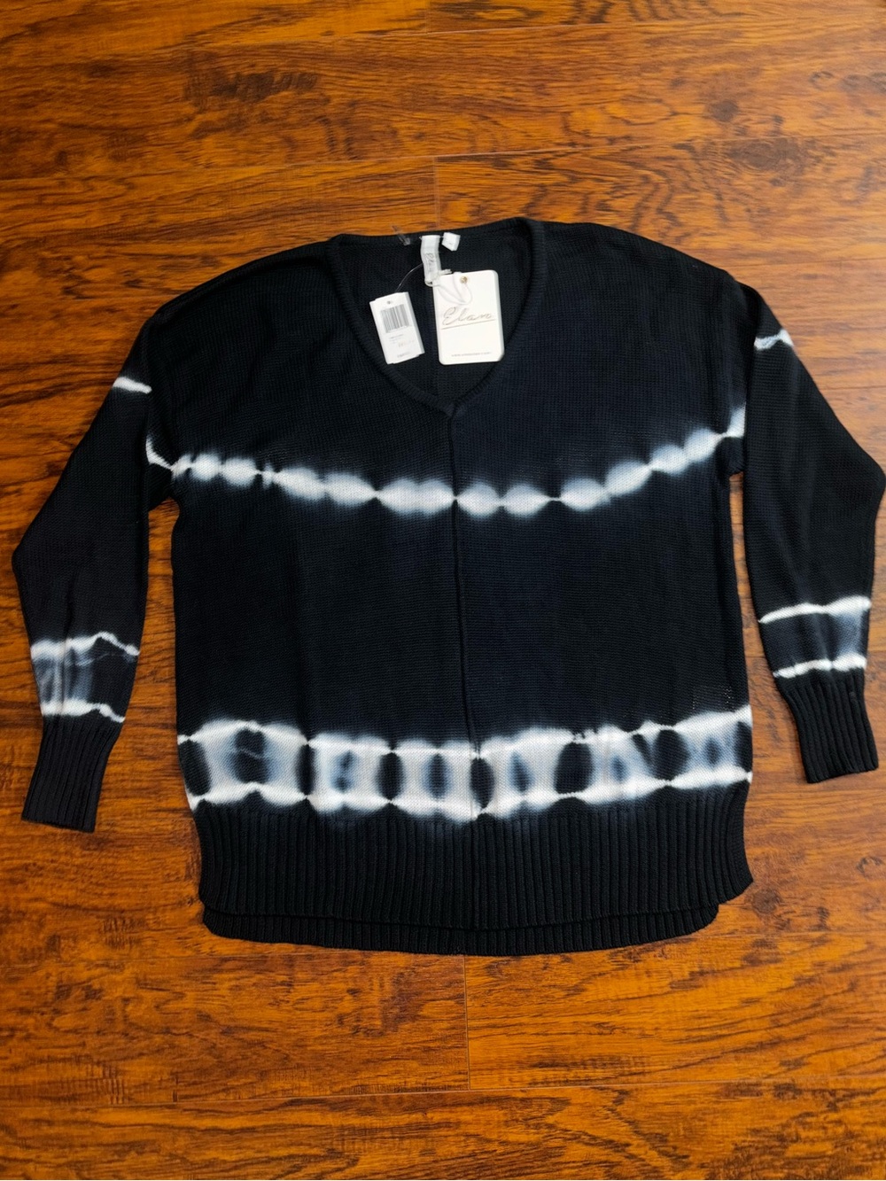 Elan NWT 100% Cotton Knit Sweater Black White Tie-Dye Thin Long Sleeve Top